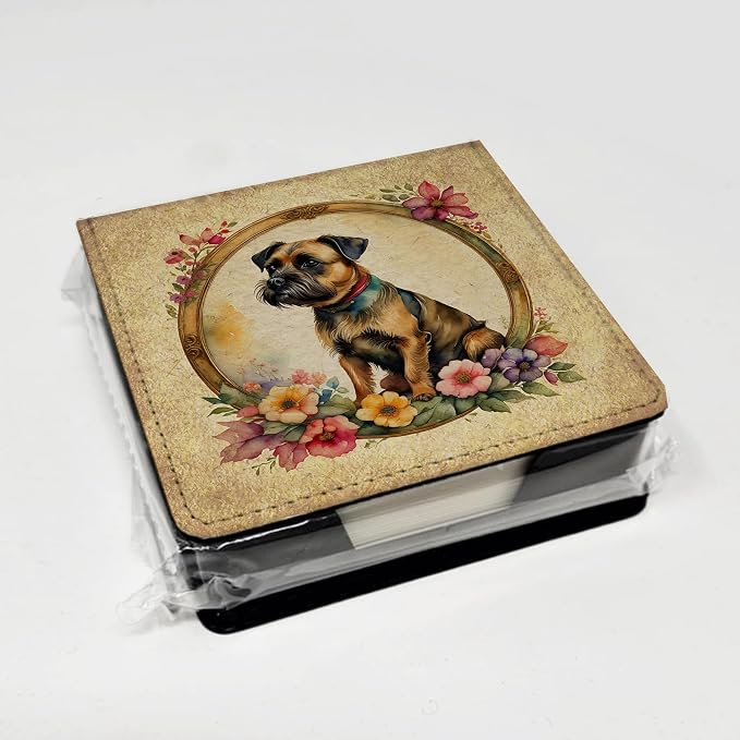 Caroline's Treasures Border Terrier and Flowers PU Leather Note Paper Holder with Artist-Designed Cover, Desk Accessory, Office Gift
