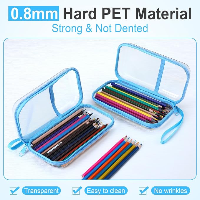 Sanwuta 4 Pcs Clear Hard Shell Zipper Case Clear Travel Pouches Bulk Plastic Portable Travel Organizer Bin with Mesh Pocket Toiletry Pouch Cosmetics Makeup Bag Snack Toiletry Bag(Blue)