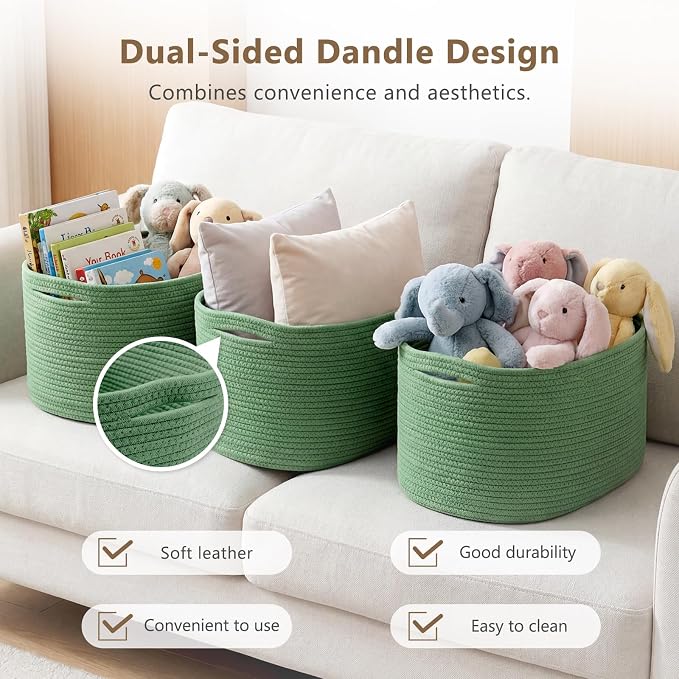 ECDYQXVU 15x10x9 Inch Woven Cotton Rope Storage Basket, 3 Pack | Foldable Design, Built-in Handles, Space-saving Organizer for Living Room, Bedroom, Laundry, Shelves, Clothes, Towels