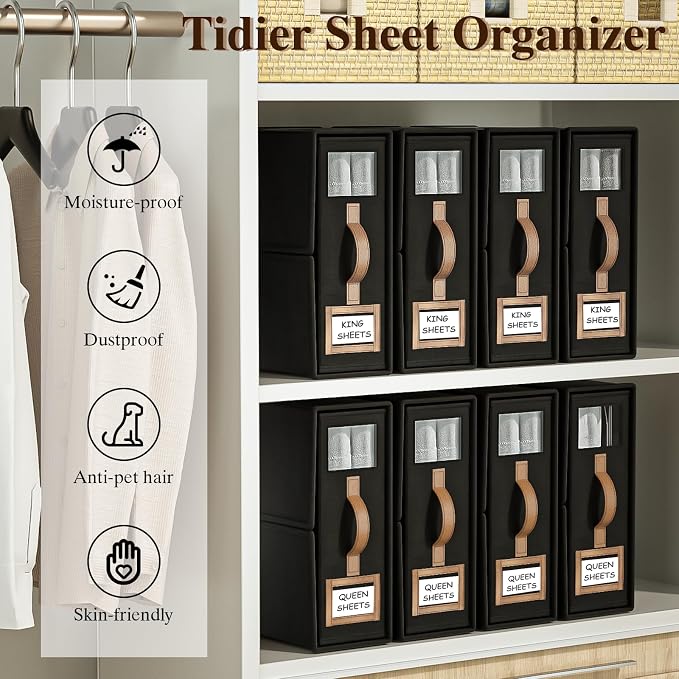 4 Pack Foldable Bed Sheets Set Organizers and Storage(King & Queen Size),Linen Fabric Closet Organizers with Window,Folding Bedding Storage Box for Bedsheets and Pillow Cube Organizer-Black