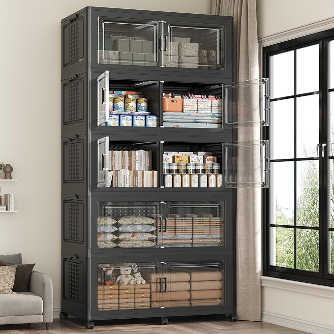 200Gal Stackable Storage Bins with Lid 5-Tier Collapsible Cabinet Closet Organizer Box with Wheels, 8000QT Large Plastic Drawer Container with Doors for Clothes Kitchen Organizing, Black
