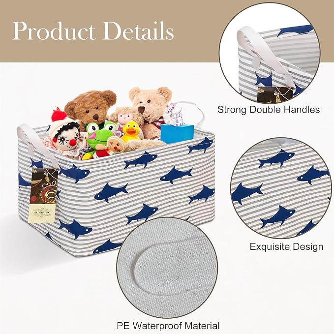 Rectangle Foldable Storage Basket Handles For Home, Shark | Waterproof canvas material, reinforced handles, perfect for shelf use, organizes clothes, daily items and pet supplies