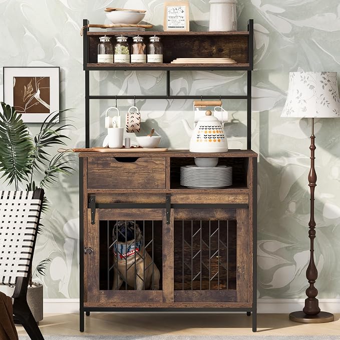Furniture Style Dog Crate Desk Hutch, Multifunctional Pet Cabinet with Charging Station, Entryway Organizer, Rustic Brown 31.5"x16.5"x59.1"