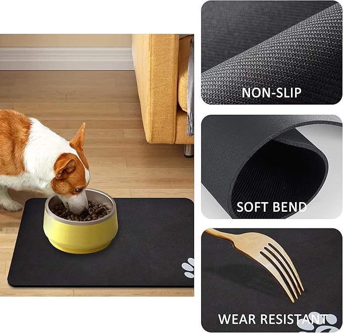 YCT Pet Cat Food Mats - Non Slip Super Absorbent, with Footprints Logo, 18.1 x 11.8 inches, Brown