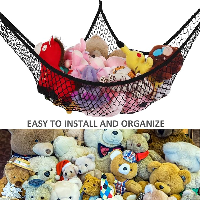 Toy Hammock for Stuffed Animals, Stuffed Animal Hammock Net Jumbo Plush Toy Storage Cornet Net 70" Wall Sling Large Teddy Bear Storage Organizer Black
