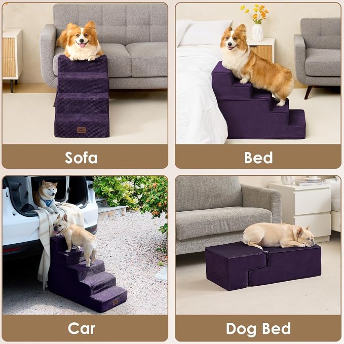 EHEYCIGA Dog Stairs for High Bed 22.5" H, 5-Step Dog Steps, Purple | Pet Steps for Small Dogs and Cats for Bed, Non-Slip Balanced Pet Ramp Indoor