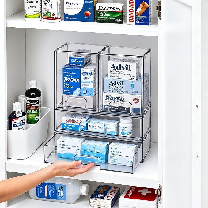Clear Stackable Storage Drawers, Baby Bottle Organizer, Easily-Access Makeup Organizer, Durable Containers for Bathroom Countertop, Cabinet, Pantry and Medicine Organization