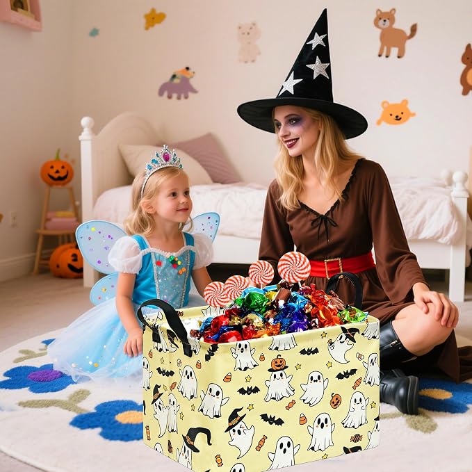 Halloween Basket Yellow Pumpkin Ghost Storage Toy bin For Boys Girls Kids | Foldable Storage Basket ,Waterproof Organizer Bin,Pumpkin Bat Pattern Nursery Hamper, Halloween Decor,Collapsible Organizer