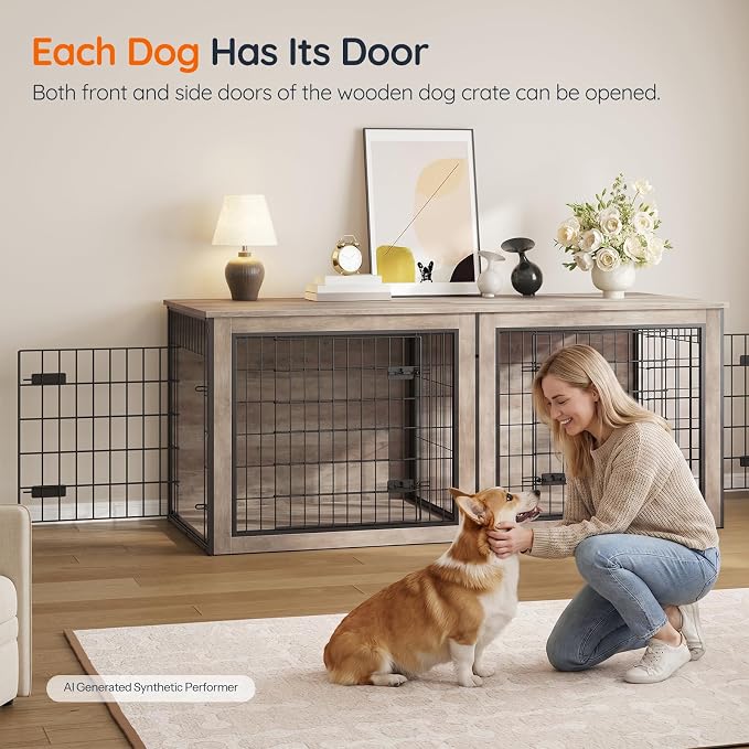 HOOBRO Dog Crate Furniture for 2 Dogs, 63" Large Double Dog Crate Furniture with Divider, Wooden Indoor Kennel TV Stand for Medium Large Dogs, Greige and Black BG55GW03
