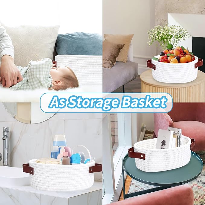 ABenkle Small Woven Basket, Mini Cotton Rope Storage Tiny Shelf Oval Decorative Toy Dog Cat Bin for Nursery, Empty Gift Basket with Gift Bags and Ribbon - White