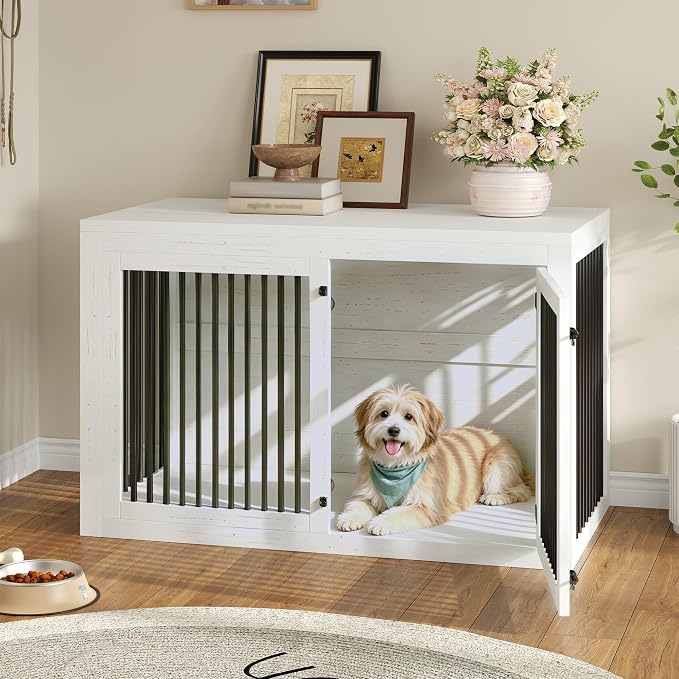 AMERLIFE Dog Crate Furniture for Medium/Large Dogs with Storage and Divider | 3-in-1 Corner Dog Kennel, Space-Saving Heavy Duty Large Cage, White