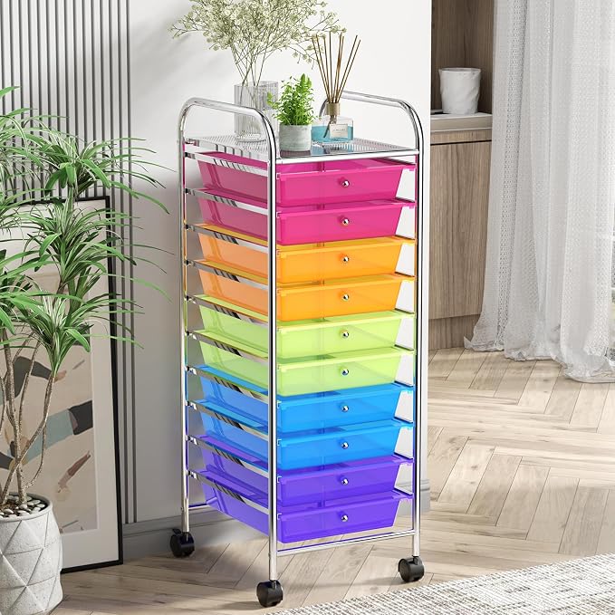 10 Drawer Rolling Storage Cart, Organization Cart with Drawers for Craft Makeup Paper Tool Art Supply, Versatile Utility Cart on Wheels for Home Office Classroom School (Rainbow)