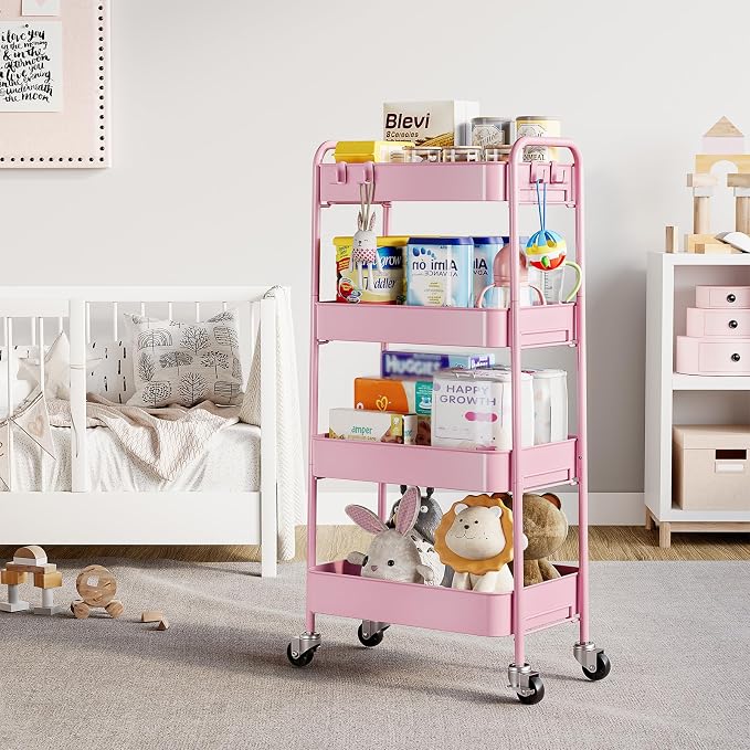 TOOLF 4 Tier Metal Rolling Cart, Utility Storage Cart with Wheels, Pink | Screwless Assembly, Lockable Metal Wheels, Trolley Organizer for Bathroom, Kitchen, Office, Dorm, Laundry, Craft Room