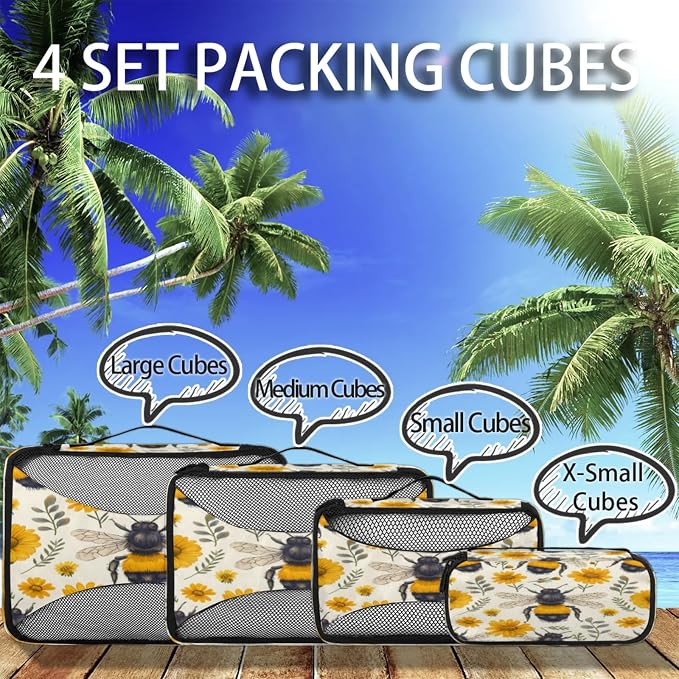 4 Set Packing Cubes for Travel, Bumble Bee Packing Cubes for Women, Travel Luggage Packing Organizers, Packing Cube Set, Honeybees Flowers