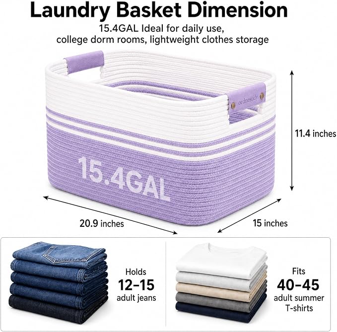 15.4GAL Woven Laundry Basket for Kids, Cute Boho Square storage basket for Living Room Decor, Baby Girls Boys Toys Stuffed Animal Decorative Short Hamper for Dirty Clothes, Bath Towel White Purple