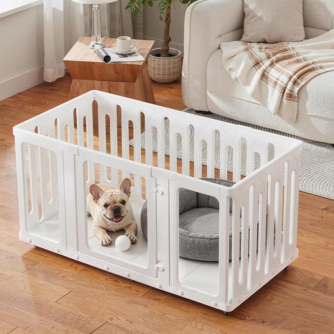 Mobile Acrylic Dog Playpen Indoor with Bottom Panels for Puppies, 8 Panels | Puppy Play Pen with DIY Easy Assemble, Moveable Pet Fence for Small Dogs (24''Tall, 4 Bottom Panels + 8 Wheels)