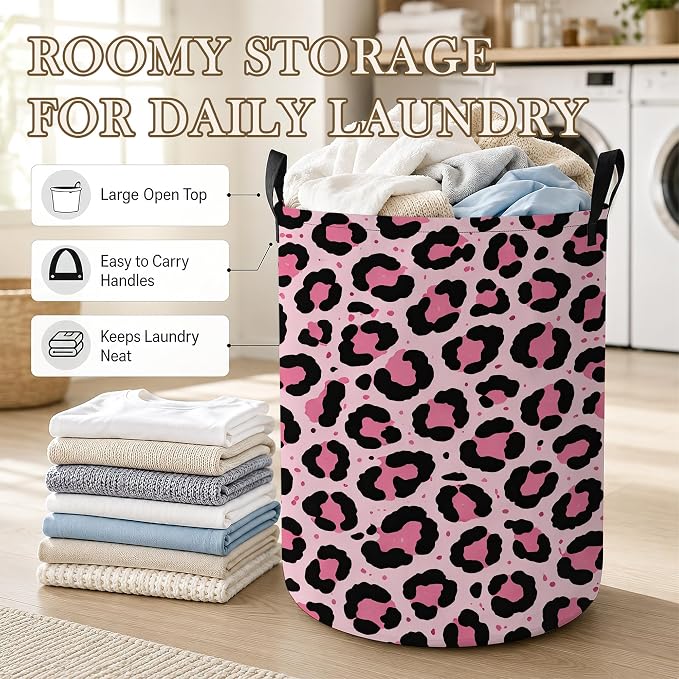 Pink Leopard Laundry Basket Oxford Cloth Laundry Hamper With Handle Foldable Portable Clothes Storage Basket Storage Bag For Laundry Room/Bathroom/Bedroom/Dormitory 20.8"x16"