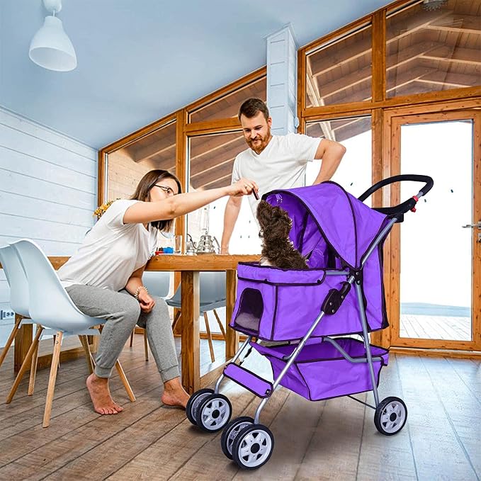 Pet Stroller,4 Wheels Dog Stroller with Storage Basket,Compact Portable Folding Carrier for Travel,Camping,Dog Carrier for Small Medium Dogs Or Cats,Lightweight Waterproof Pet Stroller,Purple