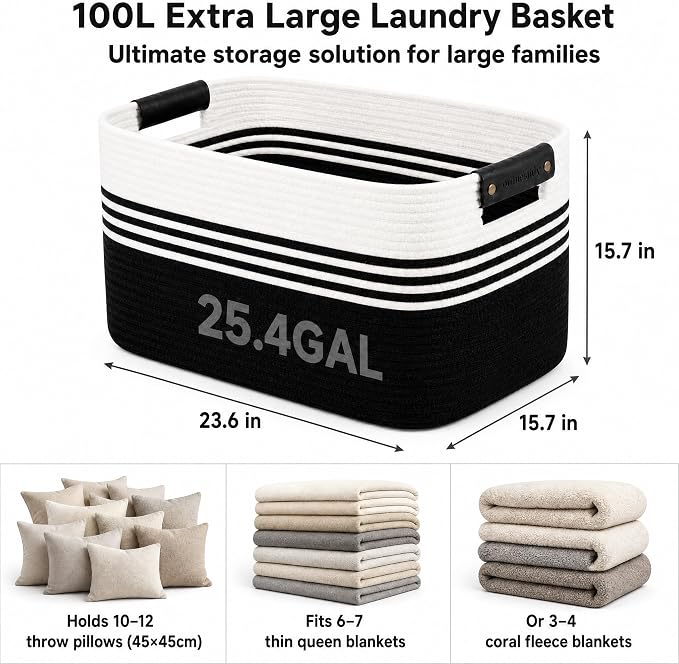 Cotton Rope Laundry Basket Extra Large, 25.4GAL Collapsible Woven Storage Baskets for Living Room Kids Toys Stuffed Animal,Boho Rectangular Decorative Hamper for Dirty Clothes, Blankets White Black