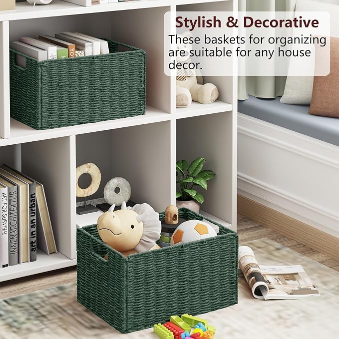 Vagusicc Large Wicker Storage Basket, Collapsible Baskets for Organizing | Set of 2 Hand-Woven Paper Rope Wicker Basket, 17"x 12" Closet Organizers and Storage with Handles Home Organization, Green