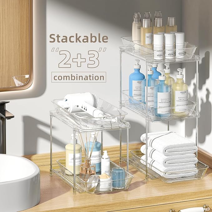 4-Pack 2-Tier Under Sink Organizer with Pull Out Drawers | Multi-use kitchen & bathroom storage. Includes hanging hooks and cups. transparent, space-saving cabinet design. 11.2 Inch