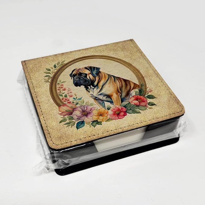 Caroline's Treasures Mastiff and Flowers PU Leather Note Paper Holder with Artist-Designed Cover, Desk Accessory, Office Gift