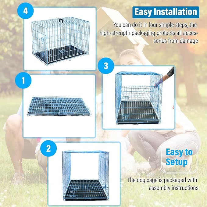 Dog Crate Dog Cage Dog Kennel Outdoor Metal Wire Double-Door Folding Pet Animal Pet Cage for Small Dog 24 inches with Plastic Tray and Handle,Blue