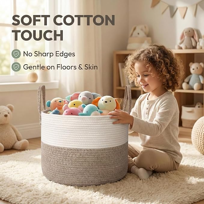 JMvicyroam 115L Extra Large Machine Washable Cotton Rope Blanket Basket | Collapsible laundry hamper, Reinforced handles, For blankets, pillows, toys and clothes, Living room and bedroom, White&Brown