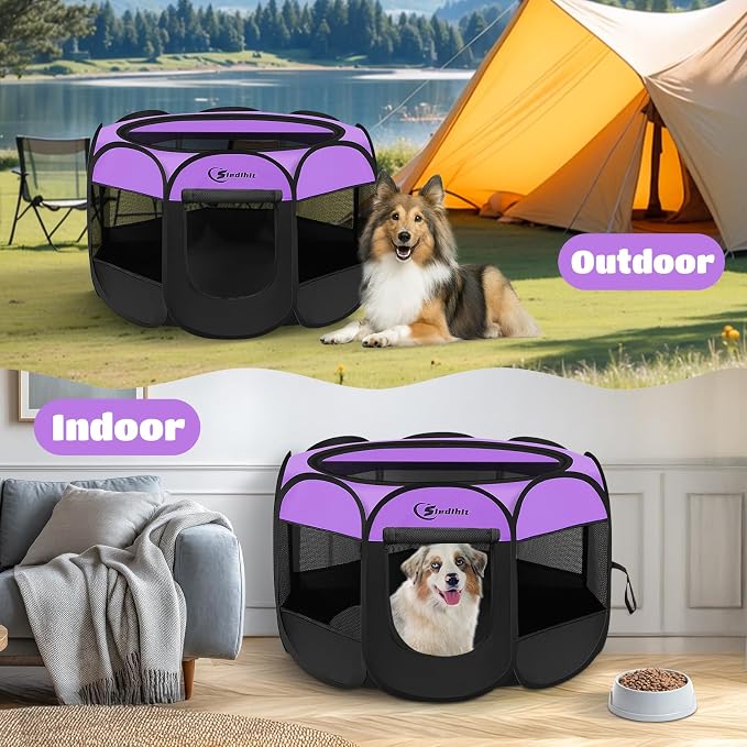 Siedihit Large Dog Playpen, Puppy Pet Playpen Indoor, Dogs Tent Crates Cage | Indoor/Outdoor, Portable Pop Up Dog Kennel Playpen with Carrying Case for Dogs/Cats/Rabbits, Purple