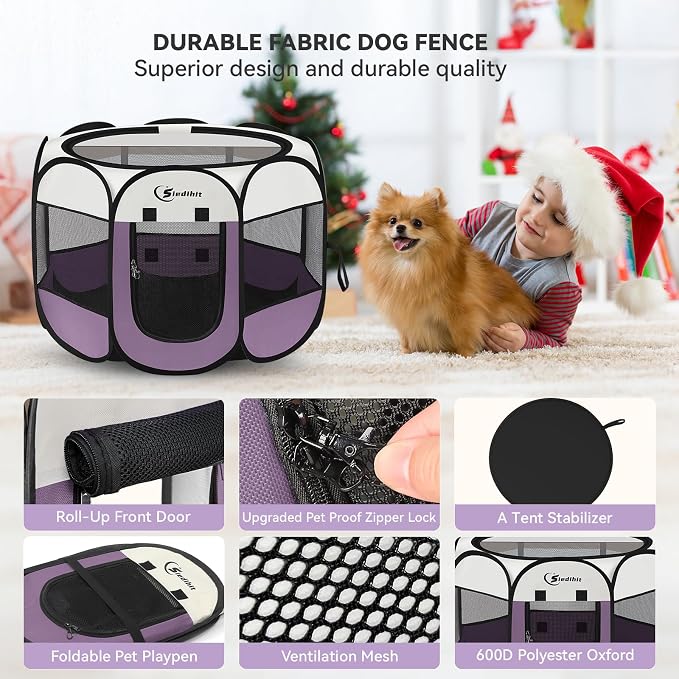 Siedihit Dog Cat Playpen, Small Puppy Pet Playpen, Dog Crate Tent Cage | Indoor/Outdoor, Portable Pop Up Dogs Kennel Playpen with Carrying Case for Dogs/Cats/Rabbits(Light Purple, Medium)