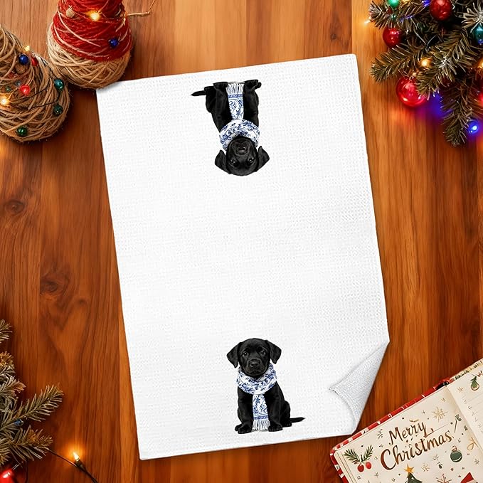 Chinoiserie Black Labrador Retriever Kitchen Towels 16x24 in, Black Lab Gifts, Gifts for Labrador Lovers, Grandmillennial Blue Scarf Dog Decorative Hand Tea Dish Towels for Bathroom Kitchen