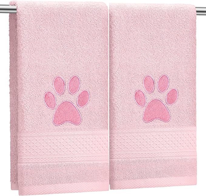 SmoothNovelty 2 Pcs Dog Paw Hand Towels Pink Bathroom Decor 13 x 29 Inch 100% Cotton Embroidered Soft Hand Towels Absorbent Farmhouse for Kitchen Restroom