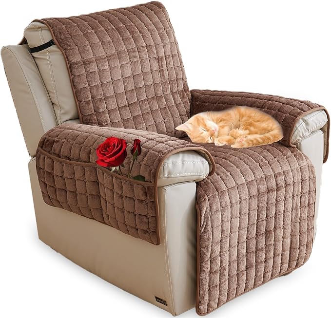 Polyester Flannel Recliner Cover, Non-Slip with 2 Side Pockets | Soft short-pile polyester with silicone backing guards armrests from pet scratches; thick one-piece cover, machine washable.