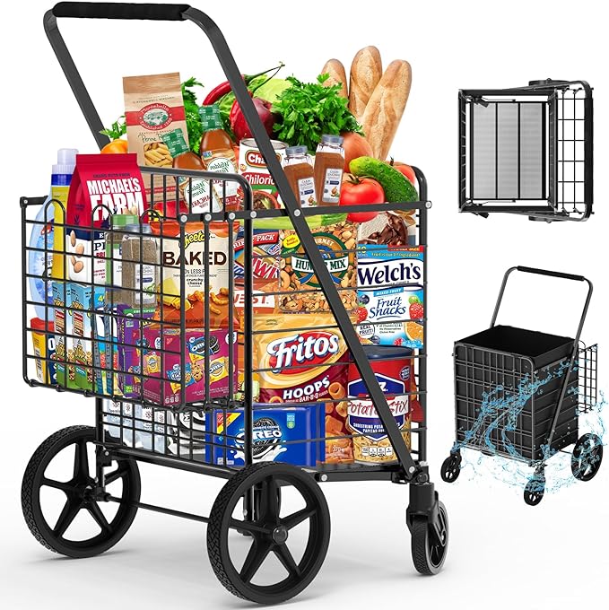 450lbs Capacity Shopping Cart,Upgrade Huge Grocery Cart on Wheels | Heavy Duty Foldable Utility Shopping Carts with Double Basket and 360° Rolling Swivel Wheels for Groceries Laundry Transport