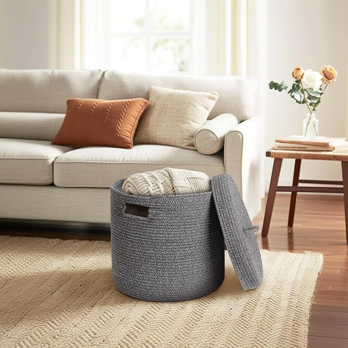 Storage Basket with Lid, Woven Blanket Storage for Living Room, Cute Cotton Rope Bin with Lid, Round Wicker Laundry Basket with Cover, Decorative Kid Dog Toy Box, Nursery Organizer, 15"x13"