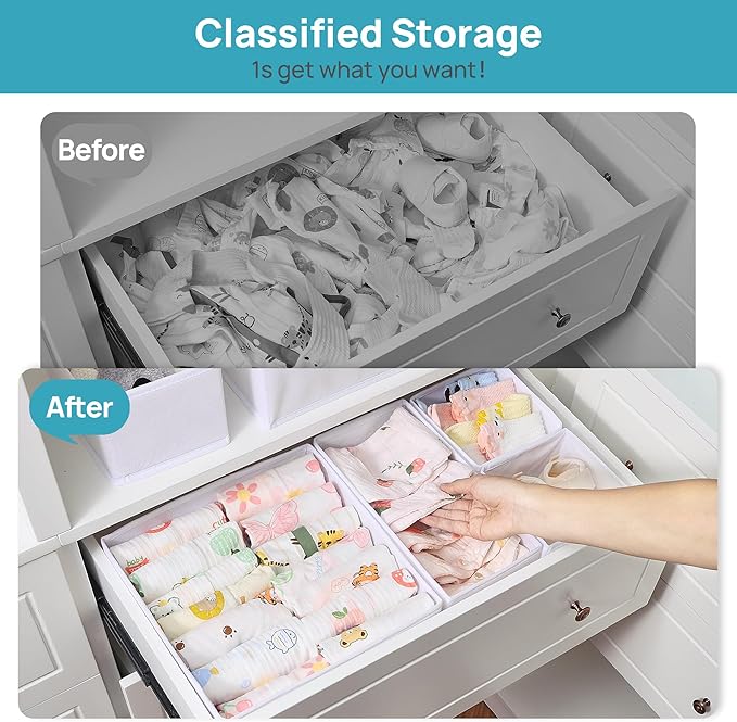 Vtopmart 12 Pack Baby Clothes Organizer, Dresser Drawer Organizer for Baby Clothing, Foldable Fabric Closet Drawer Storage Bins, Nursery Dresser Dividers for Bra, Socks, Ties, Scarf | Nursery Drawer Storage, Baby Clothing Organization, Foldable Fabric ...