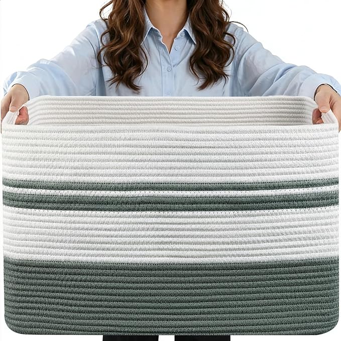 Large Laundry Basket/Hamper, 25"x16"x16" Rectangle Woven Basket | Toy Storage Basket, Baby Blanket Basket, With Handle, Shelf Basket, Living Room Organizing