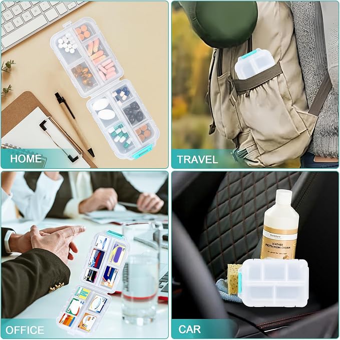 Pill Organizer Travel with 189 Medicine Labels, 10 Compartments Pill Container Travel Pill Box Purse Pill Case Compact Pill Organizer (White, 1 Pack)