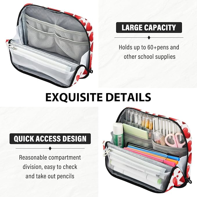Aslsiy Large Capacity Pencil Case Glossy Heart Happy Valentine Day-1 Pencil Pouch for Boys Girls Portable Pen Bag Organizer Standing Makeup Bag for School Office Supplies