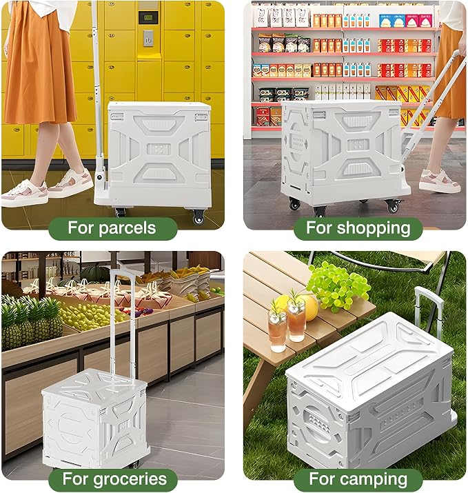 VECELO 16 GAL 2-in-1 Foldable Shopping Cart, Collapsible Utility Cart with Adjustable Handle & 360° Wheels, Dual-Mode Rolling Crate (Basket/Flatbed) for Groceries, Camping, Compact Storage, White