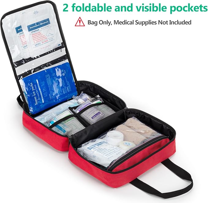 Empty First Aid Kits Case, Portable Emergency Kit Organizer, Red | Medical Bag for Emergency Supplies and Pill Bottles, Large Capacity, for Hiking, Camping, Car, Travel, Home and Outdoor