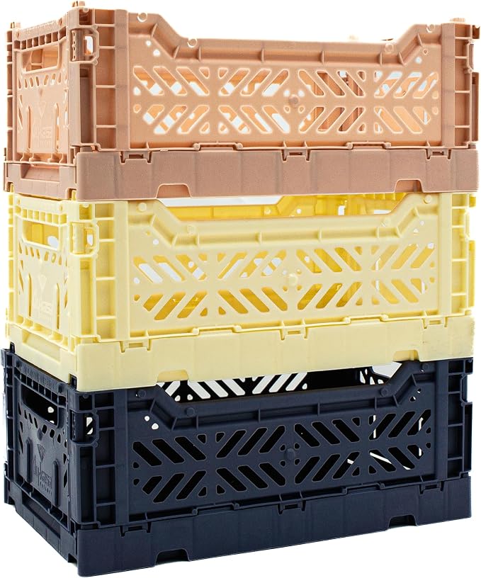 Collapsible Storage Box, Foldable Crate Organizer Bin with Handle, Stackable Crates for Home Organization (Cream-Navy-MilkTea, 4L -3-Pack)