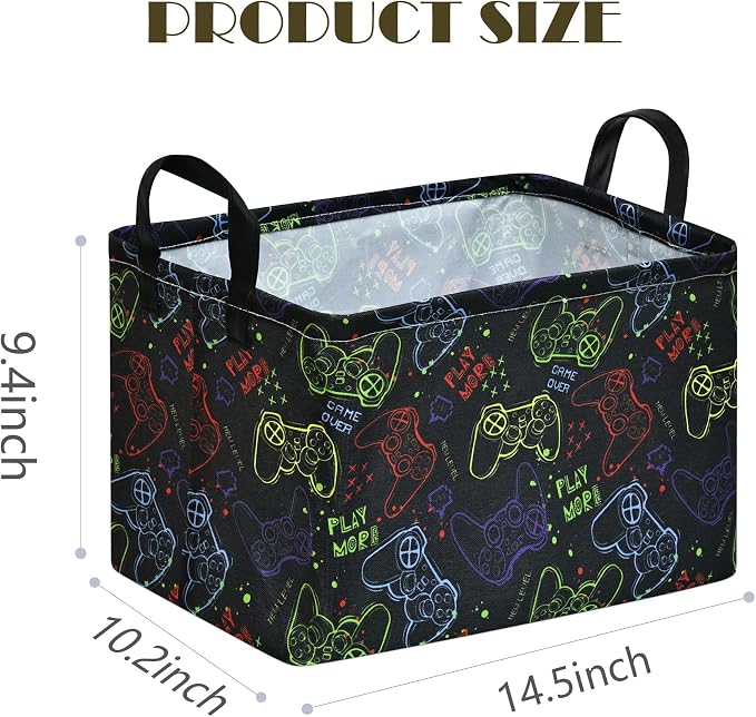 MAIZMZ Game Controller Storage Bin, Waterproof Linen Laundry Basket with Handles for Game Room Bed, Gifts,Toys