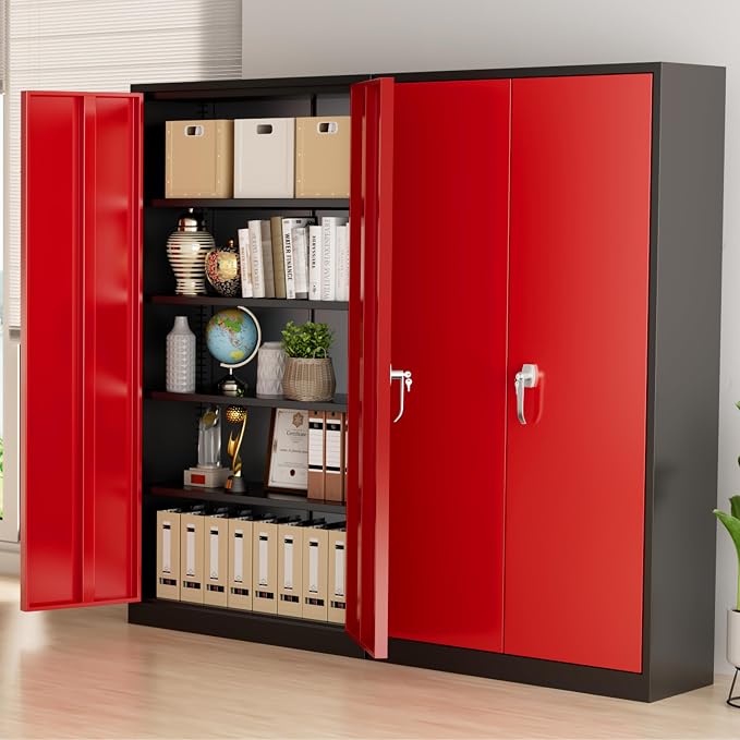 Greenvelly Metal Storage Cabinet with Doors and Shelves, 72" Inch Locking Metal Cabinet,Garage Storage Cabinet for Garage Office School Warehouse (Black Red)