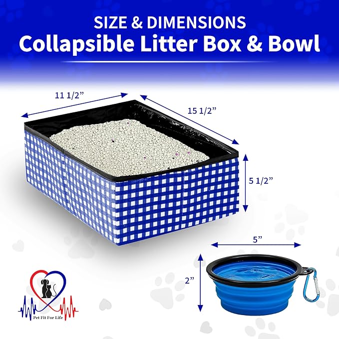 Pet Fit For Life Vibrant Collapsible Travel Cat Litter Box 16"x12"x5" Blue | Portable, Foldable Pop-Up Litter Box with Bonus Water Bowl. Compact Design Folds Flat for Travel, Camping and Home Use