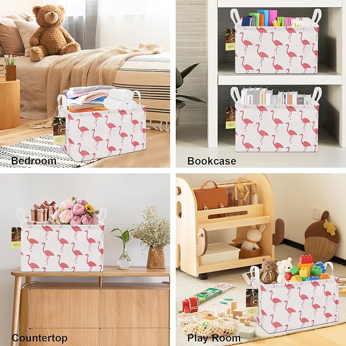 Rectangle Foldable Storage Basket Handles For Home, Flamingo | Waterproof reinforced handles, perfect for shelf use, organizes clothes, daily items and pet supplies
