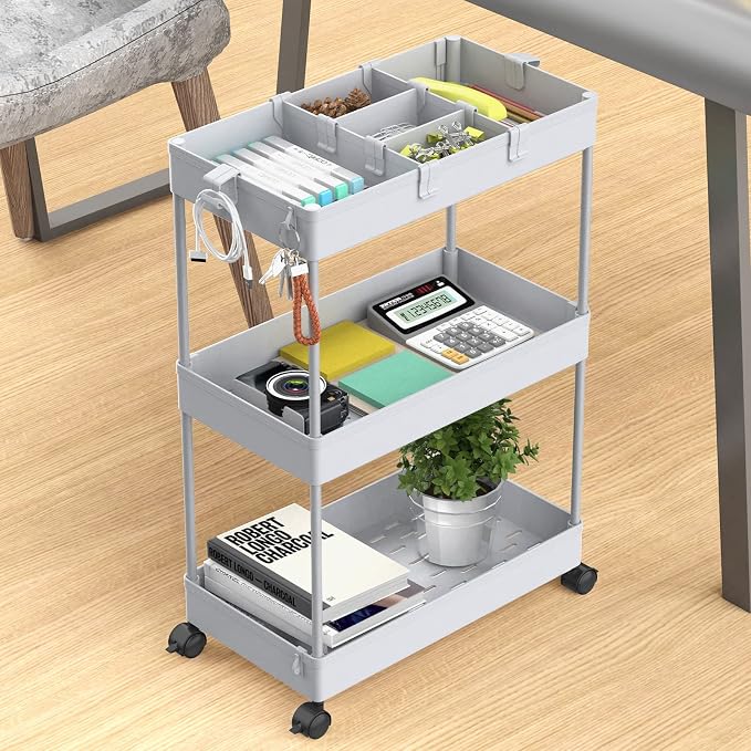 3 Tier Rolling Cart with Wheels, Storage Craft Art Trolley Organizer Serving, 3 Hanging Baskets Easy Assembly, for Office, Living Room, Kitchen, Gray