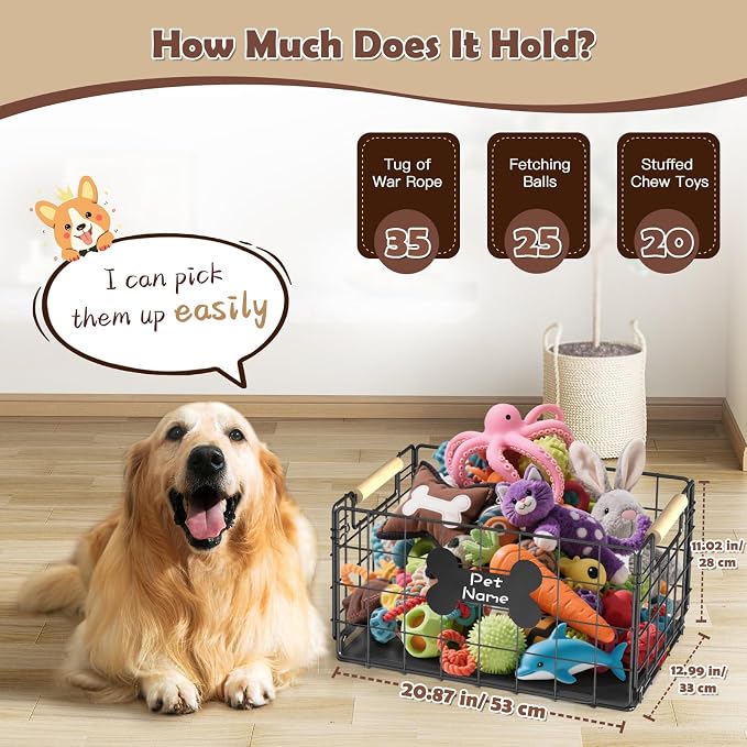 Dog Toy Basket, Foldable Metal Dog Toy Bin 20.8''×12.99''×11'' | Chew-Proof Basket with Handles, Pet Stuff Storage Organizer Box, Marker Pen, Portable Puppy Toys Basket for Living Room