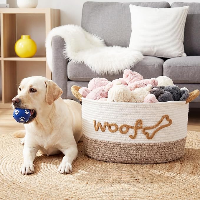 Zhehao Dog Woven Toy Basket with Handles, 15 x 11 x 9 in, White Flaxen | Cotton Rope Dog Toy Storage Bin, Pet Basket with Woof Bone Embroidery, for Puppy Bone & Blankets