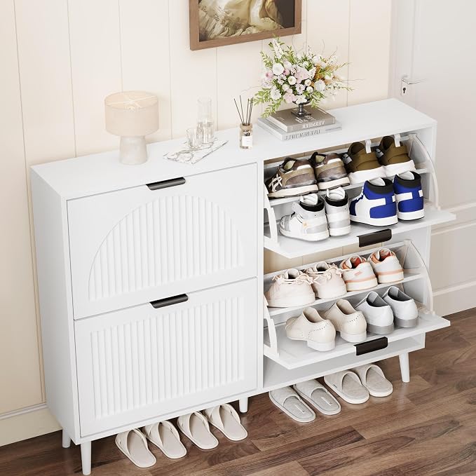 Shoe Storage Cabinet with 2 Flip Drawers, Narrow Wood Shoe Organizer Cabinet, Slim Freestanding Fluted Shoe Cabinet for Entryway, Living Room, Hallway (White, 4-Drawers)